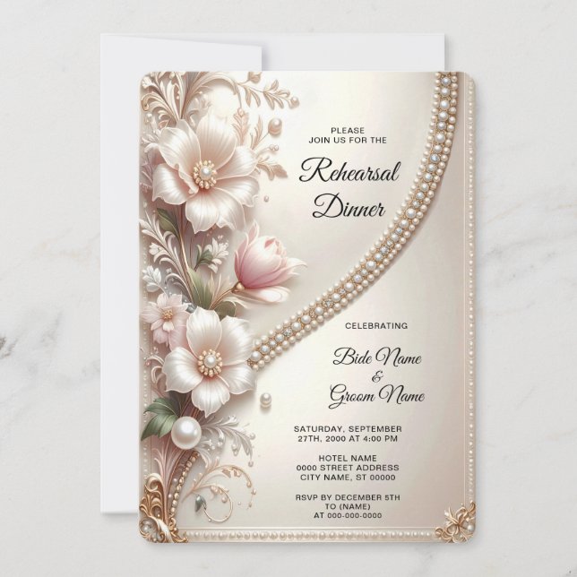 Invitation Floral and Pearl Embellishments Rehearsal Dinner (Devant)