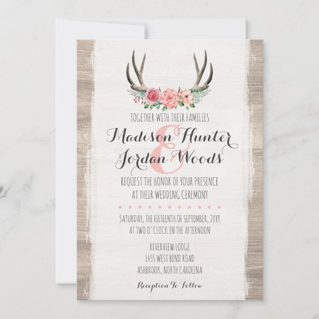 Invitation Floral Antlers Rustique Mariage Personnalisé (Devant)