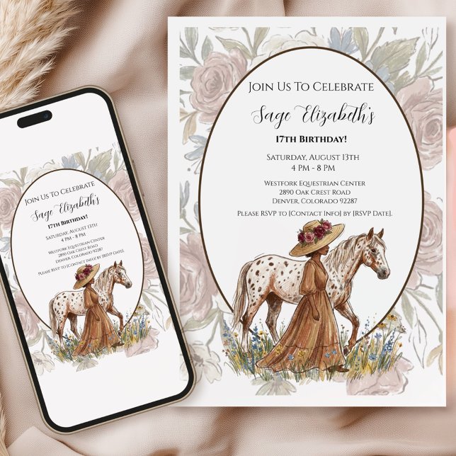 Invitation Floral Appaloosa Horse Birthday Card for Girls (Celebrate a special birthday with this elegant French country-inspired card!)