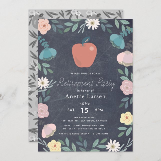 Invitation Floral Apple Chalkboard Professeur Retraite (Devant / Derrière)
