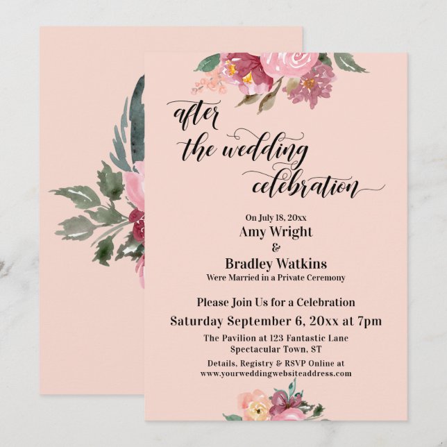 Invitation Floral Après la Célébration de Mariage, Rose Pâle (Devant / Derrière)