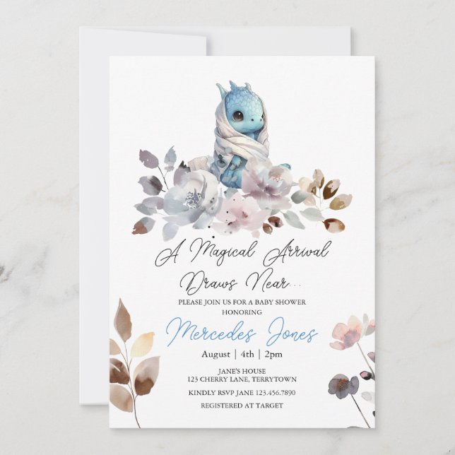 Invitation Floral Aquarelle Bleu Boy Baby shower Dragon (Devant)