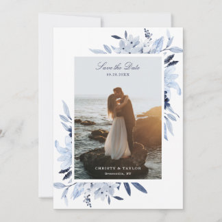 Invitation Floral Aquarelle Bleue Marine Moderne Enregistrer 