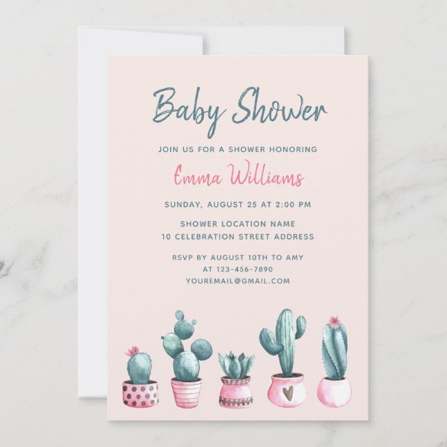 Invitation Floral Aquarelle Cactus Baby shower fille rose (Devant)