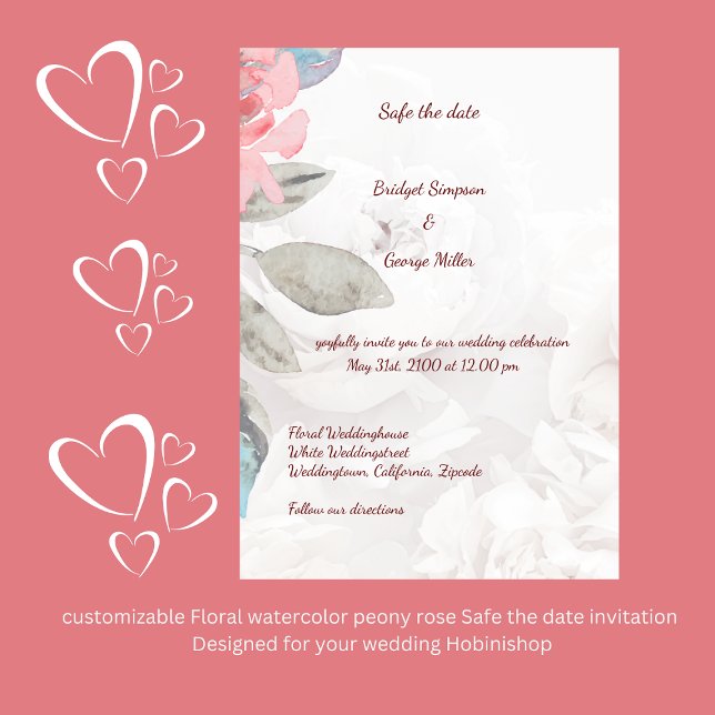 Invitation Floral aquarelle fleur sauvage rose sûr date (customizable Floral watercolor peony rose Safe the date invitation 
Designed for your wedding Hobini)