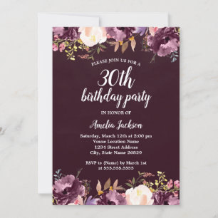 Invitation Floral Aquarelle Fleurie Purple 30e fête d'anniver
