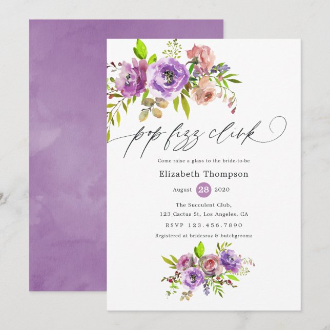 Invitation Floral Aquarelle Pop Fizz Clink Fête des mariées (Devant / Derrière)