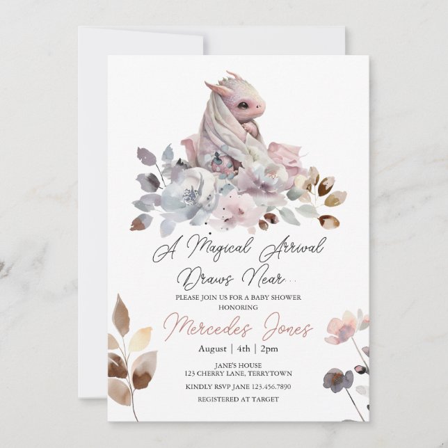 Invitation Floral Aquarelle Rose Girl Baby shower Dragon (Devant)