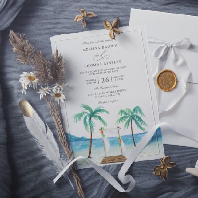 Invitation Floral Arbor Tropical Beach Budget QR Code Wedding (Créateur téléchargé)