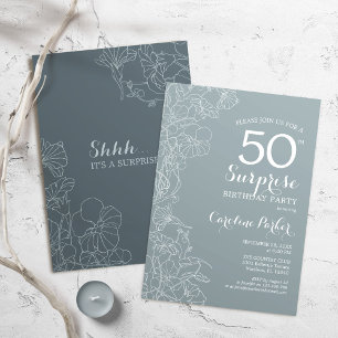 Invitation Floral Ardoise Bleu Surprise 50ème anniversaire