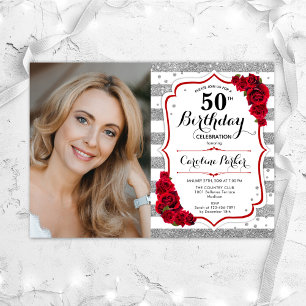 Invitation Floral Argent blanc Roses rouges Photo 50e anniver