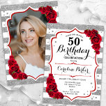 Invitation Floral Argent blanc Roses rouges Photo 50e anniver<br><div class="desc">Elégante invitation au 50e anniversaire, fleurie et féminine avec votre photo au verso de la carte. Blanc glam, design rouge avec faux argent parties scintillant. Comprend des rayures, des roses rouges, des caractères de script et des confettis. Parfait pour une fête anniversaire adulte élégante. Personnalisez avec vos propres détails. Peut...</div>