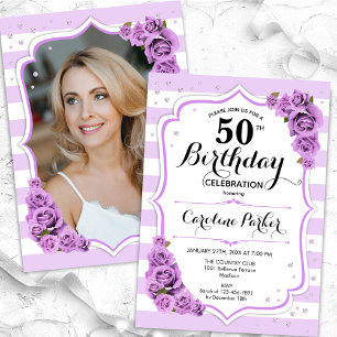 Invitation Floral Argent blanc violet photo 50e anniversaire