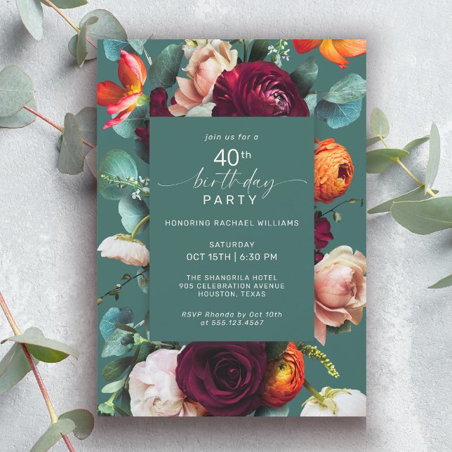 Invitation Floral Automne Moderne Turquoise 40e fête d'annive (Available in both printed and instant download digital formats.)
