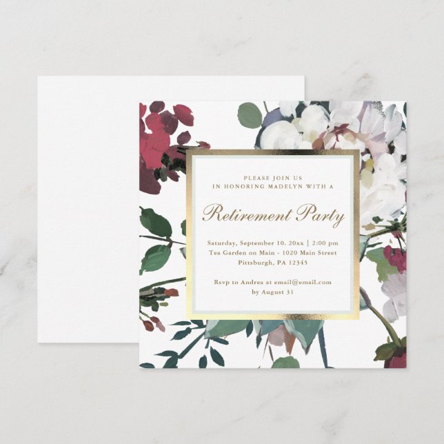 Invitation Floral avec Faux Gold Frame Retraite Party (Devant / Derrière)