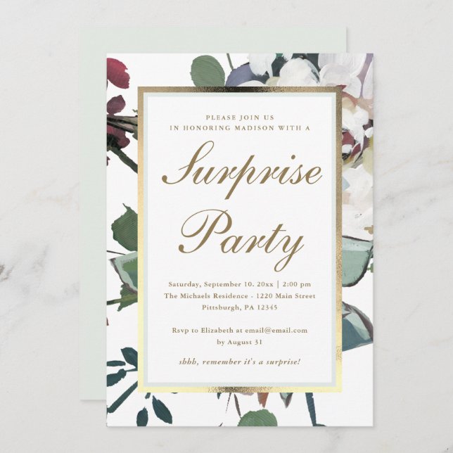 Invitation Floral avec Faux Gold Frame Surprise Party (Devant / Derrière)