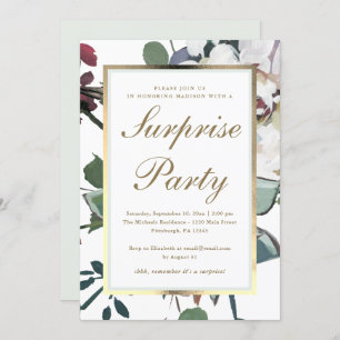 Invitation Floral avec Faux Gold Frame Surprise Party