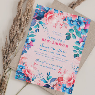 Invitation Floral Babal Douche Bleu Rose Enregistrer Date Blu