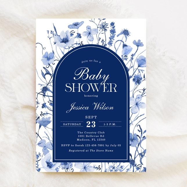 Invitation Floral Baby Boy Douche Chinoiserie Marine Bleu (Créateur téléchargé)