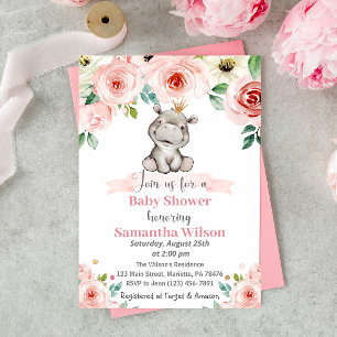 Invitation Floral Baby Hippo Princess Baby shower