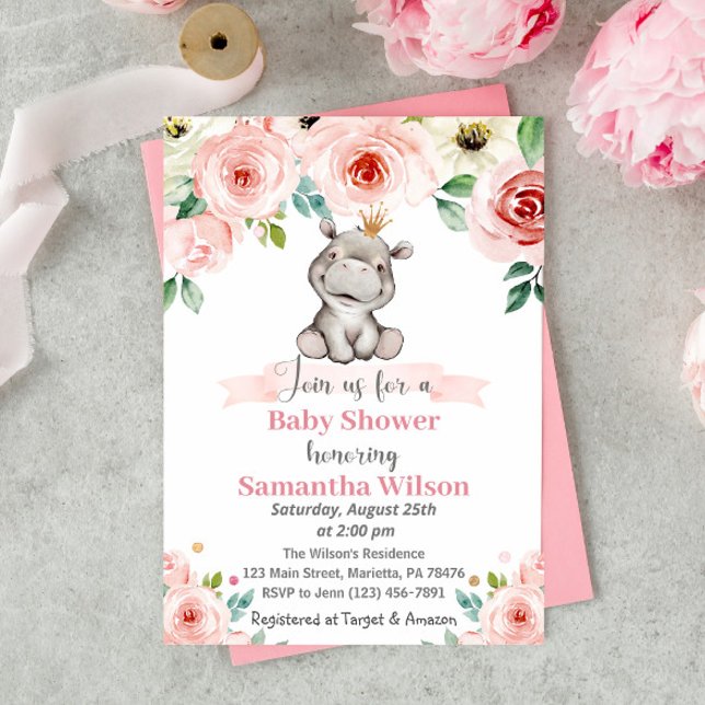 Invitation Floral Baby Hippo Princess Baby shower (Créateur téléchargé)