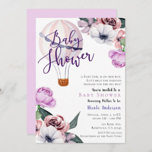 Invitation Floral Baby shower à bulle d'air chaud violet