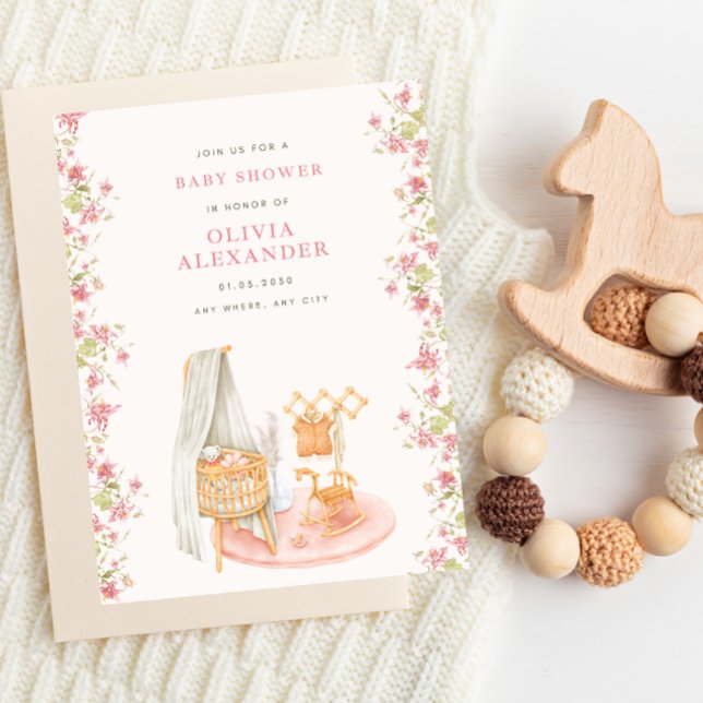 Invitation Floral Baby shower in nursery pinky watercolor (Créateur téléchargé)