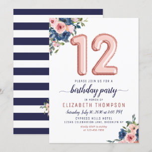 Invitation Floral Balloon Rose Gold Blush Navy 12e anniversai