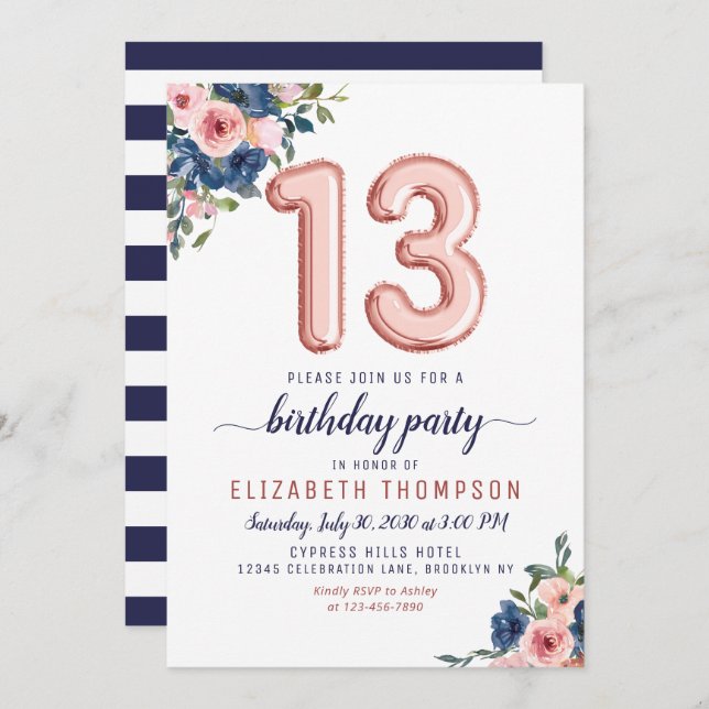 Invitation Floral Balloon Rose Gold Blush Navy 13e anniversai (Devant / Derrière)