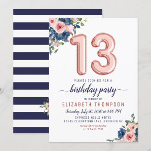 Invitation Floral Balloon Rose Gold Blush Navy 13e anniversai