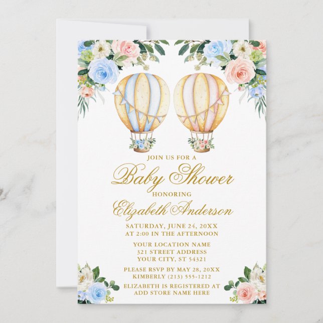Invitation Floral Balloons garçon fille jumeaux Baby shower (Devant)