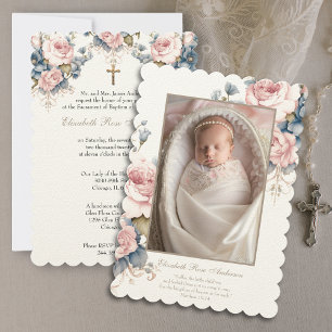 Invitation Floral Baptême Baby Photo Scripture Croix