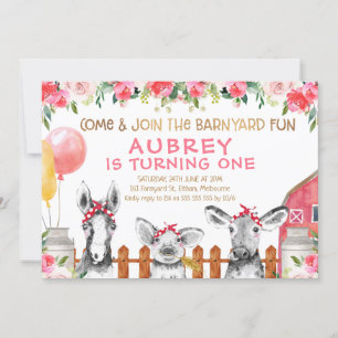 Invitation Floral Barnyard Animaux de ferme Anniversaire Invi