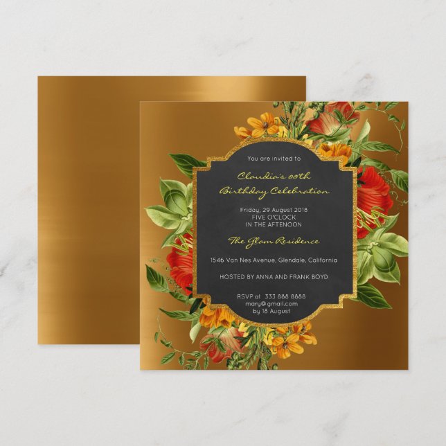 Invitation Floral Baroque Anniversaire Golden Frame Vert (Devant / Derrière)