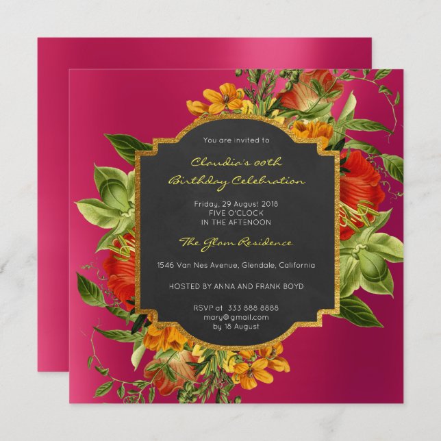 Invitation Floral Baroque Anniversaire Or Framboise rose (Devant / Derrière)