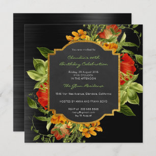 Invitation Floral Baroque Anniversaire Or Frame Noir Rouge