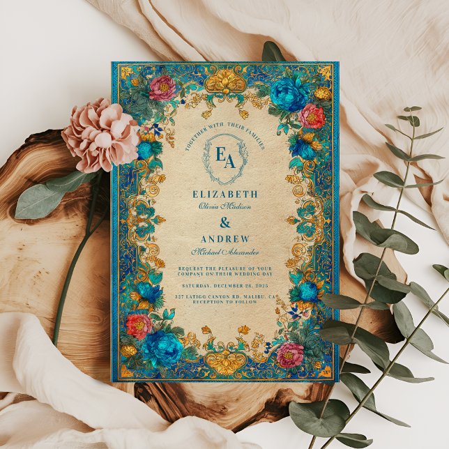 Invitation Floral baroque et Mariage Motif Turquoise (Créateur téléchargé)