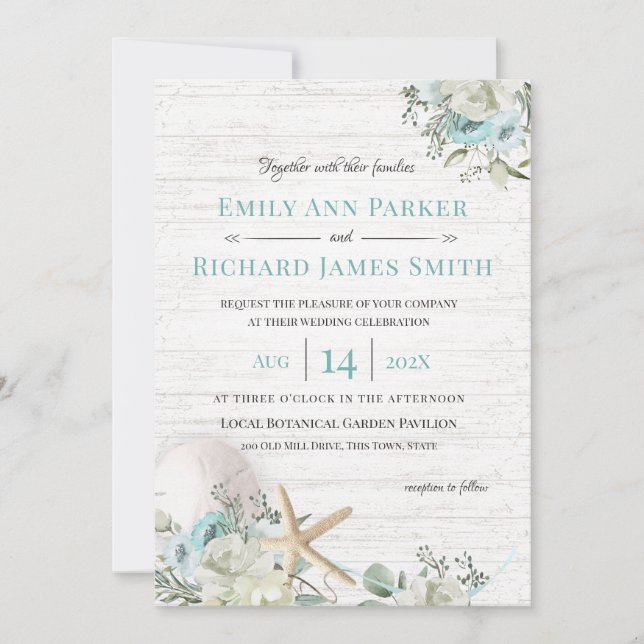 Invitation Floral Beach Driftwood Mariage (Devant)