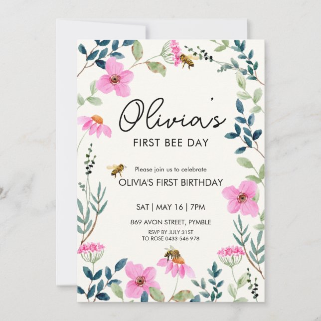 Invitation Floral Bee Premier anniversaire (Devant)
