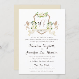 Invitation Floral Beige Blanc Vert Élégant Cimier d'ivoire