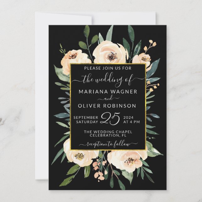 Invitation Floral Beige Blush Rose or sur Mariage noir (Devant)