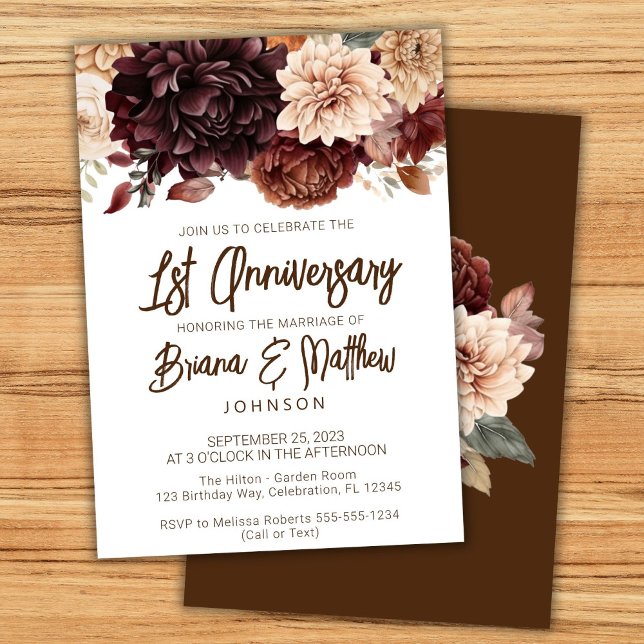 Invitation Floral beige Brown 1er anniversaire Mariage (Créateur téléchargé)