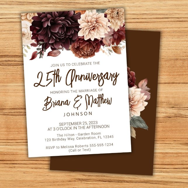 Invitation Floral beige Brown 25e anniversaire du Mariage (Créateur téléchargé)