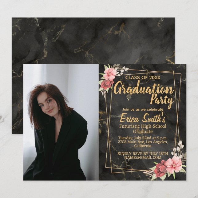 Invitation Floral Black And Gold Photo Graduation Party (Devant / Derrière)