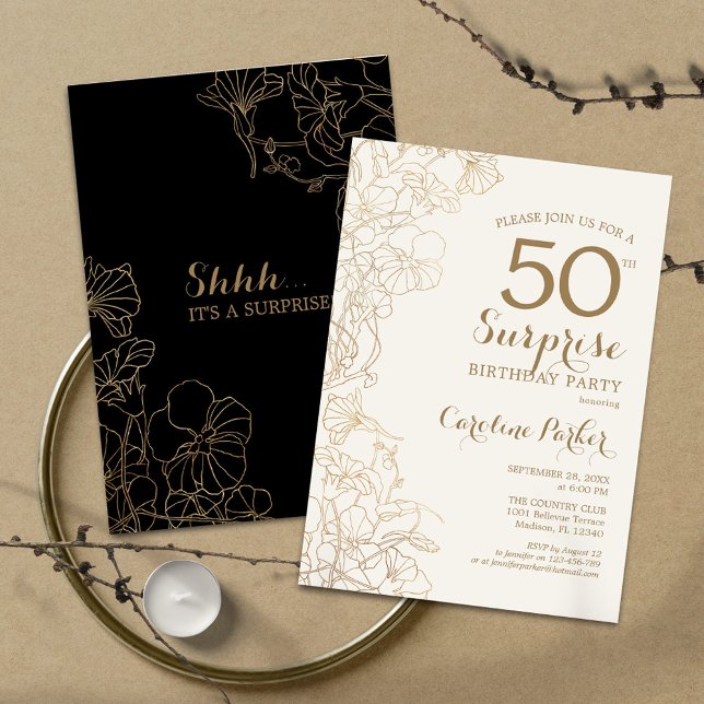 Invitation Floral Black Gold Surprise 50e fête d'anniversaire (Créateur téléchargé)