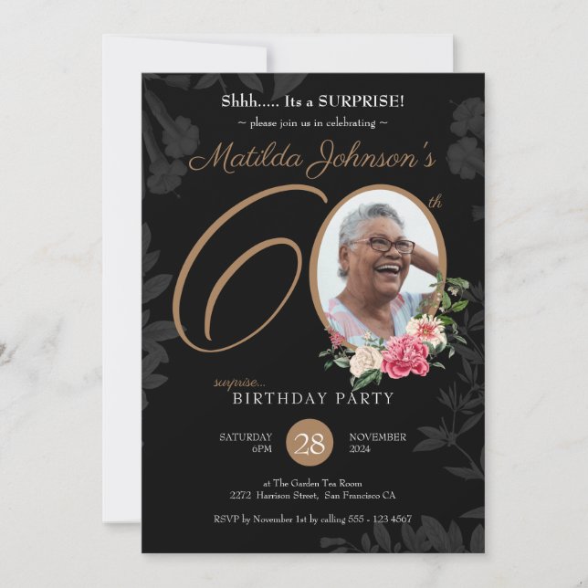 Invitation Floral Black Gold Surprise 60e anniversaire (Devant)