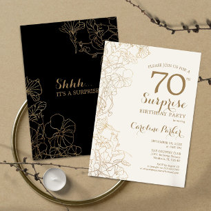 Invitation Floral Black Gold Surprise 70e fête d'anniversaire