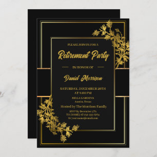 Invitation Floral Black Gold Surprise Retraite Party 2024