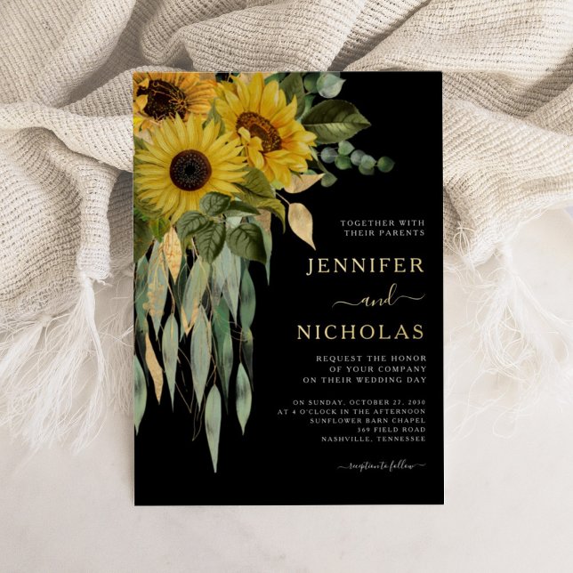 Invitation Floral Black Mariage Gold Foil (Modern Floral Black Wedding Gold Foil Invitation)