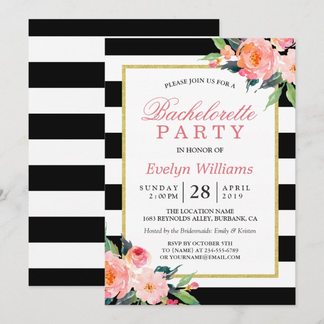 Invitation Floral Black White Stripes Gold Bachelorette Party (Devant / Derrière)